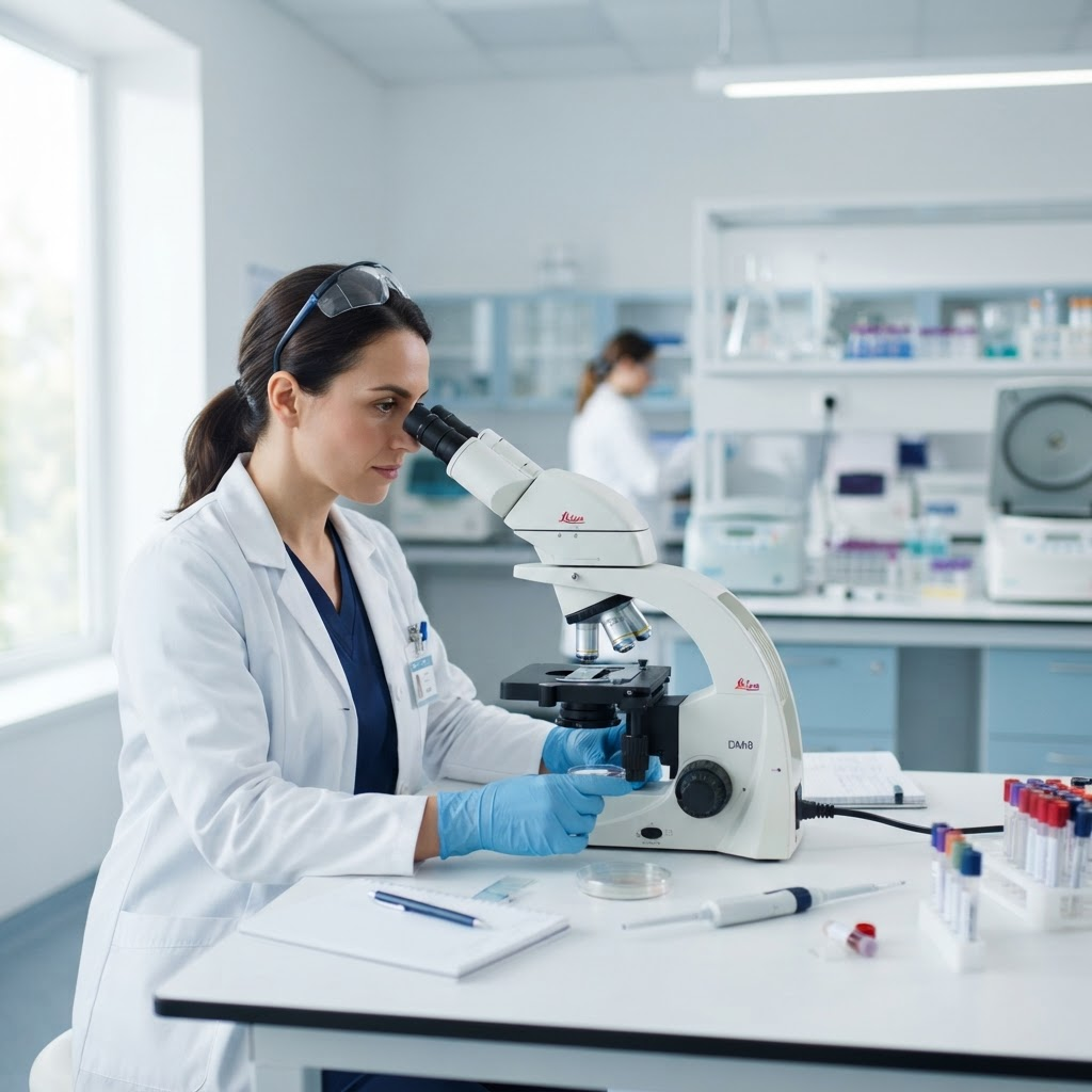 Laboratory technician analyzing a sample under a microscope