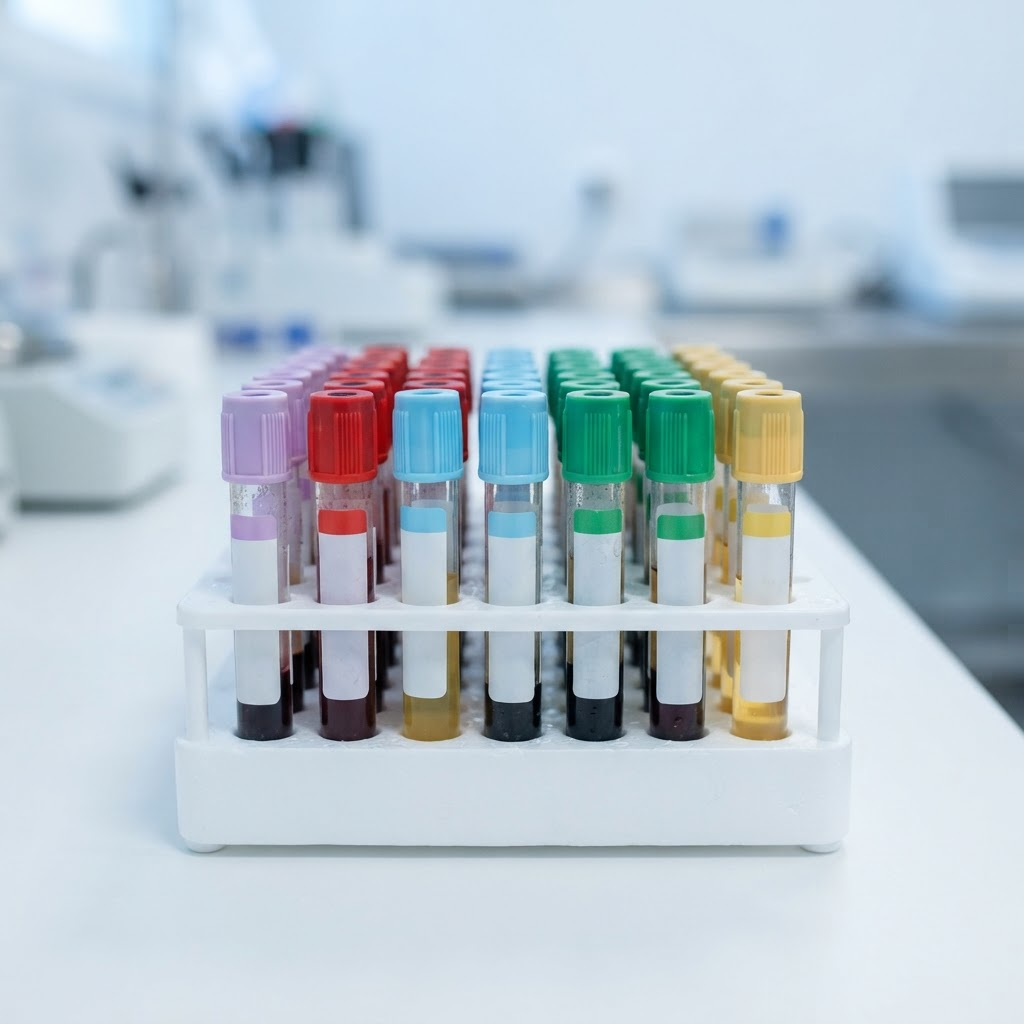 Color-coded blood sample test tubes arranged in a rack
